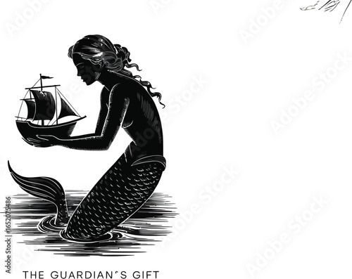 A captivating monochrome illustration features a mermaid holding a ship, rendered in a woodcut style, evoking fantasy and nautical themes with its detailed linework and mythical subject.