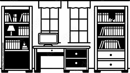 Illustration of a study room with bookshelves desk computer and windows in a black and white drawing style |  editable eps vectors silhouette