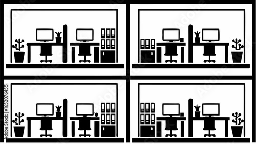 Four panels showing office scenes with desks, chairs, computers, plants, and storage in black and white |  editable eps vectors silhouette