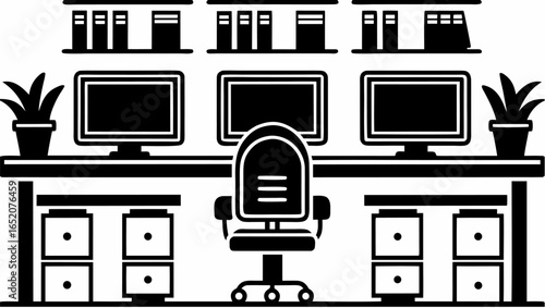 Illustration of an office setup with three computers desk chair and bookshelves in black and white style |  editable eps vectors silhouette