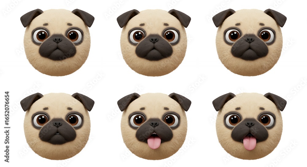 Fototapeta premium Pug dog faces set expressions