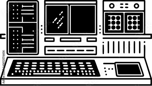 Illustration of an old computer system with a keyboard and various display panels and controls |  editable eps vectors silhouette