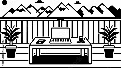 Workspace on a balcony with a laptop, coffee cup, plants and a mountain view in black and white style |  editable eps vectors silhouette