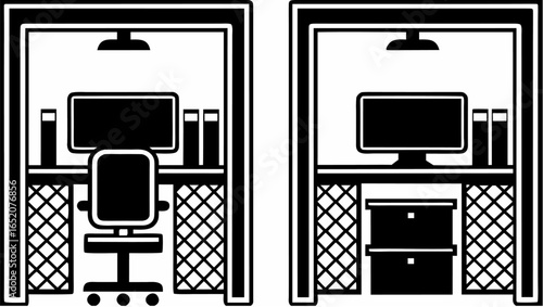 Two office setups with desks computers chairs and storage in black and white illustration style design |  editable eps vectors silhouette