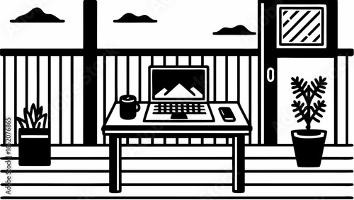 Illustration of a workspace on a balcony with a laptop, plant, and clouds in the background view |  editable eps vectors silhouette