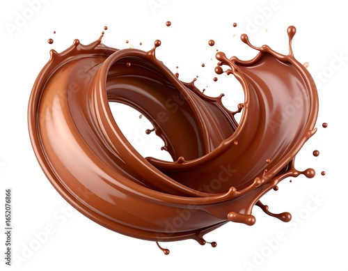 Dynamic swirling chocolate splash; rich brown, glossy texture; isolated on white background; perfect for advertising; decadent dessert imagery; high-resolution 3D render.