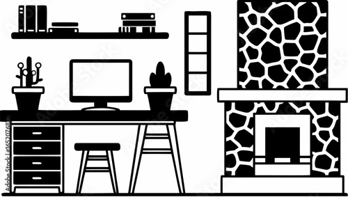 Illustration of a home office setup with a desk, computer, fireplace, and shelf decor present |  editable eps vectors silhouette