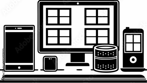 Illustration of a desk setup with a monitor, phone, speaker, and other electronic devices shown |  editable eps vectors silhouette