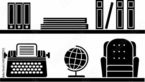 Illustration of a shelf with books, binders, a typewriter, globe, and armchair in black and white |  editable eps vectors silhouette