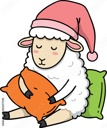 Sleeping sheep wearing pink Santa hat holding orange pillow with green cushion background vector illustration 