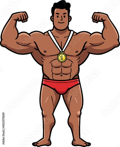 Muscular man flexing arms with gold medal in red briefs bodybuilding champion vector 
