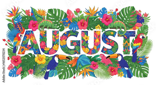 Festive August Celebration: Tropical Floral and Fauna Illustration Design