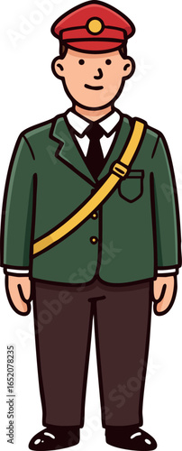 Male character in green uniform with red cap and yellow shoulder strap standing vector illustration 