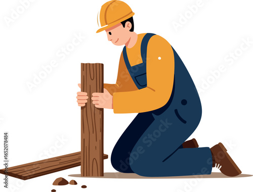 Construction worker kneeling and holding wooden plank in blue overalls and yellow helmet vector illustration 