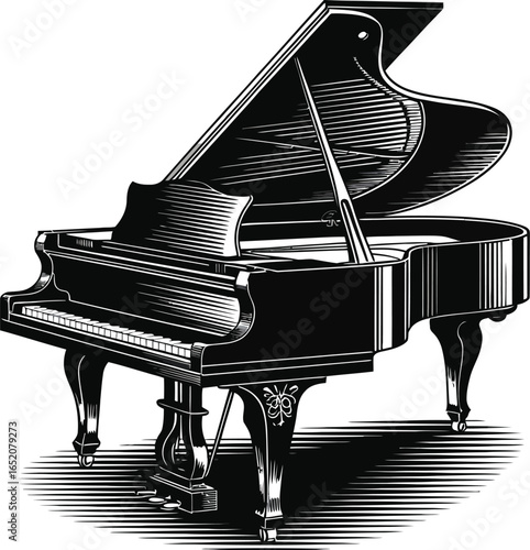 Elegant grand piano illustration showcases musical artistry with detailed engraving, perfect for music lovers and design projects, highlighting the beauty of classical instruments.