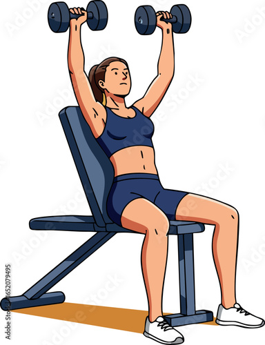 Woman lifting dumbbells on bench press exercising fitness workout vector illustration 