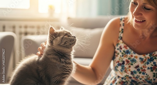 Happy Woman Petting a British Shorthair Cat at Home