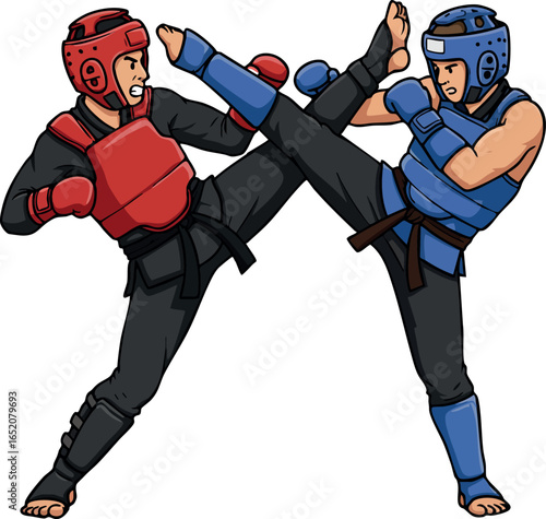 Martial arts fighters sparring with protective gear in competitive kickboxing match 