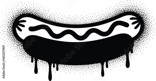Bold black and white graphic of a hotdog with dripping sauce, perfect for food-related designs, menus, or creative projects, featuring a unique, stylized, and eye-catching illustration.