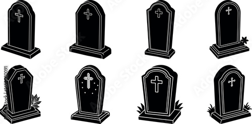 Collection of eight black granite gravestone designs