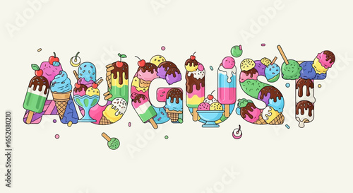 August word art featuring colorful ice cream cones and popsicles typography