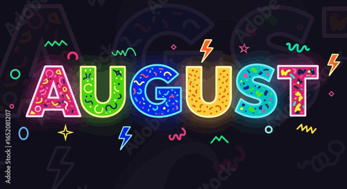 Colorful stylized 'August' text with abstract neon elements and playful decoration