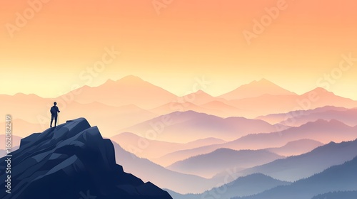 Majestic Sunrise Over Mountain Range with Silhouette of Hiker