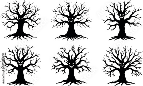 Spooky Halloween Trees with Faces Silhouettes for Creepy Decorations and Designs