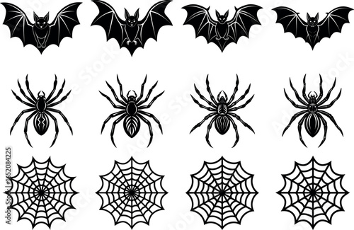 Silhouette Set of Bats Spiders and Webs