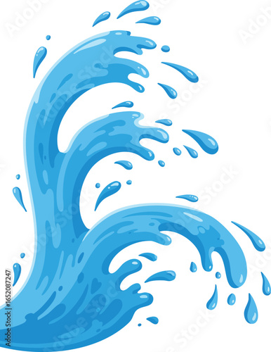 Blue water splash wave vector illustration with dynamic liquid movement and droplets 