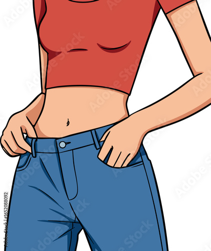 Female Wearing Red Crop Top and Blue Jeans Casual Fashion Vector Illustration