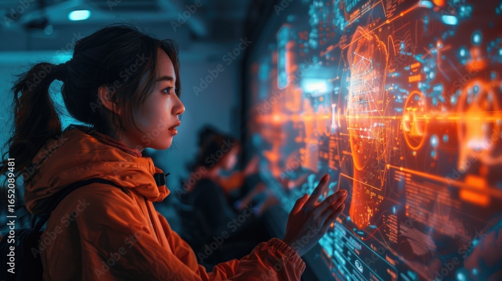 Obraz premium portrait of a young woman looking digital screen, future tech display