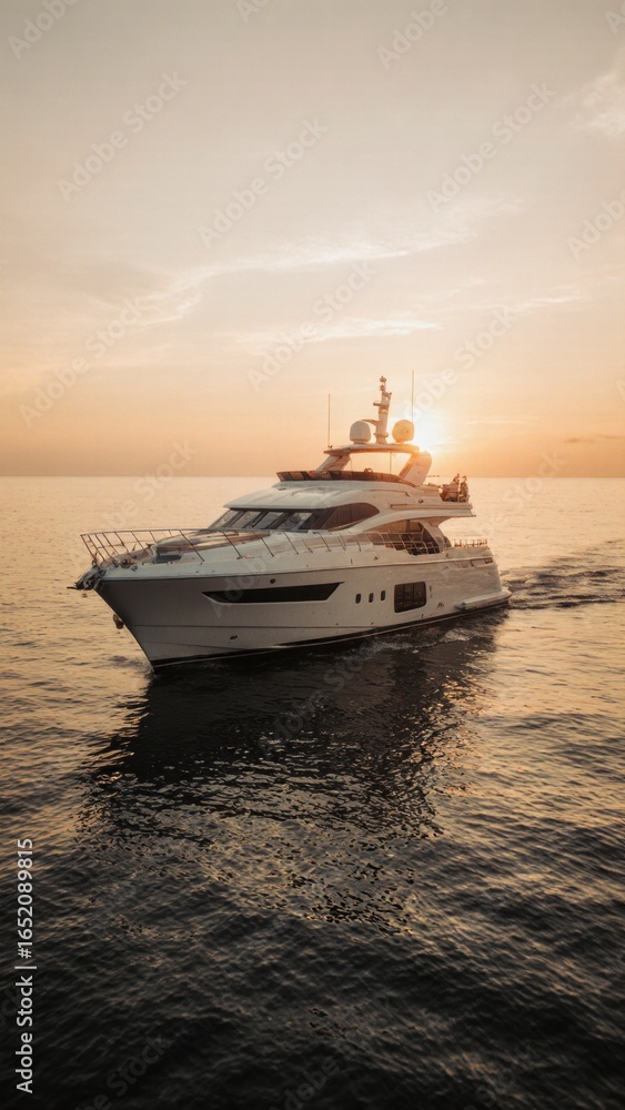 luxury yacht cruising on calm ocean during sunset golden hour with clear sky and serene water reflecting warm light in the evening luxury yacht cruising on calm ocean during sunset golden hour with clear sky and serene water reflecting warm light in the evening