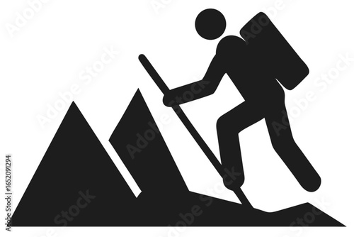Black silhouette icon of a hiker climbing a mountain with a backpack hiking