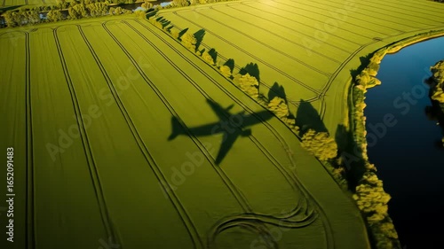 Dynamic Aerial: Airplane Shadow Gliding Over Lush Green Farmland, River, and Trees at Golden Hour