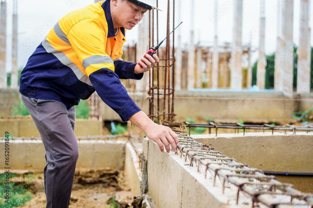 Construction workers wearing hard hats and reflective vests are working on a construction site and inspecting the structure of a house. Construction workers wearing hard hats and reflective vests are working on a construction site and inspecting the structure of a house.
