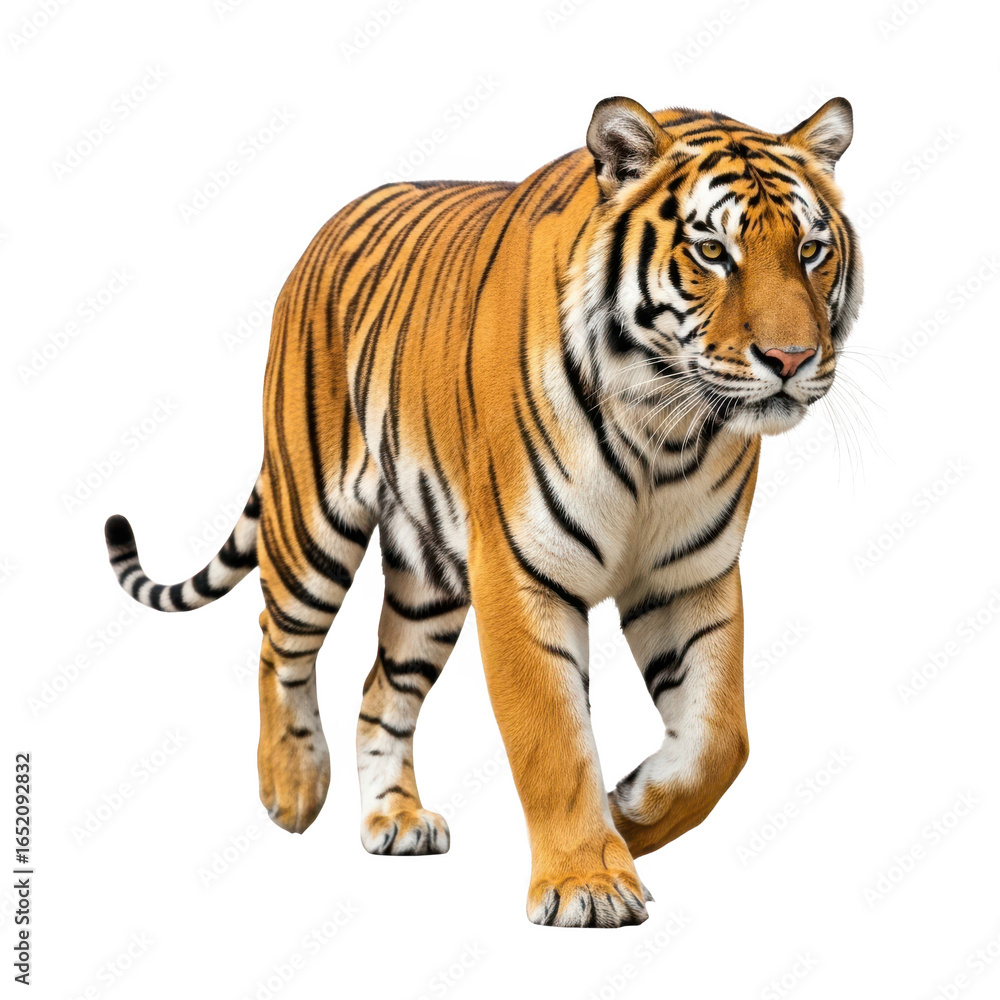 Fototapeta premium Majestic tiger striding forward isolated on transparent background