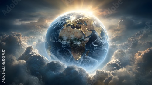 Earth suspended amidst ethereal clouds.