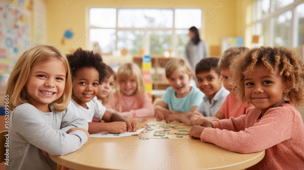 Diverse Group of Happy Children in Classroom Engaged in Collaborative Preschool Activity Diverse Group of Happy Children in Classroom Engaged in Collaborative Preschool Activity
