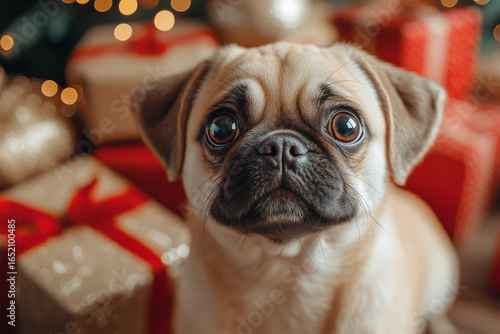 Cute pug dog in front of Christmas gifts