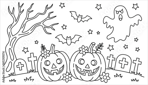 Halloween Coloring Page with Pumpkins, Ghost, Bats, and Graveyard Scene