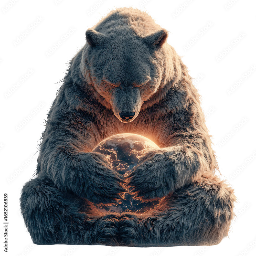 Fototapeta premium Majestic bear protecting Earth glowing in hands, symbolizing strength and environmental conservation