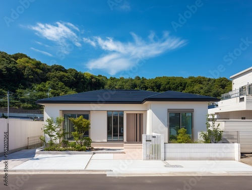 青空の下の新築平屋住宅