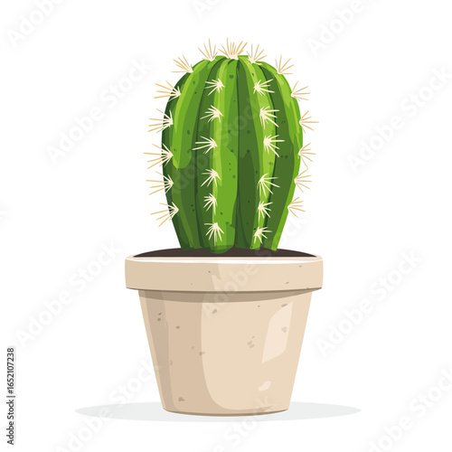 A vibrant green barrel cactus with sharp spines in a simple pot, a perfect houseplant illustration for minimalist home decor, succulent blogs, or desert themes.
