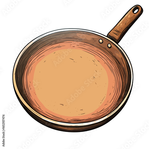 A rustic, well-used cast iron skillet with a wooden handle, a hand-drawn illustration ideal for home cooking blogs, traditional recipes, or culinary branding.
