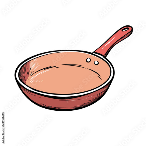 A simple, clean illustration of a red non-stick frying pan, an essential piece of cookware for culinary blogs, recipe graphics, or kitchen supply advertisements.
