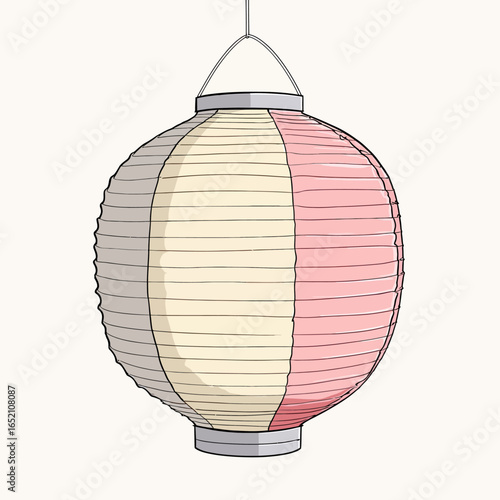 A traditional round paper lantern with vertical pink and beige panels, a beautiful and delicate decoration for cultural festivals, garden parties, or serene interiors.

