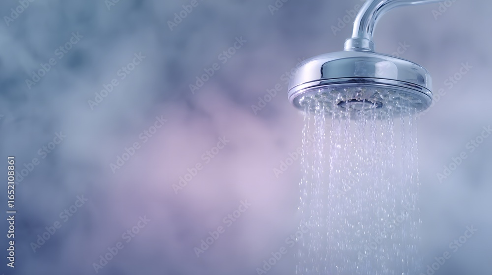 Close-Up of Modern Showerhead with Water Flow and Steam Background Close-Up of Modern Showerhead with Water Flow and Steam Background