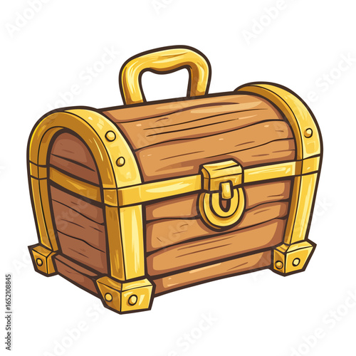 A bright cartoon wooden treasure chest with shiny golden reinforcements and a prominent lock, designed as a cheerful game asset for rewards, prizes, or bonuses.
