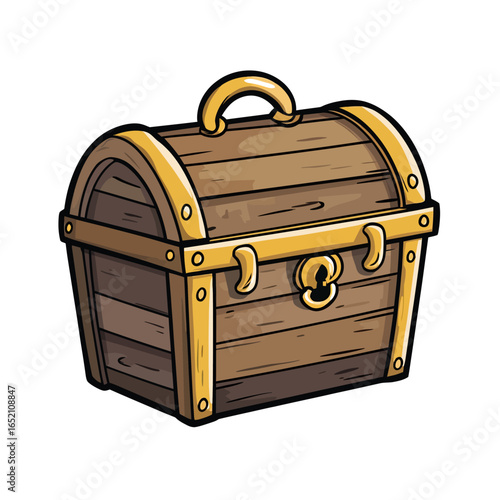 A classic domed-top wooden pirate's chest with sturdy metal straps and a keyhole, a perfect graphic for representing hidden loot, fantasy RPG items or secrets.

